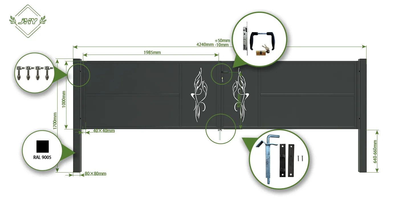 CNC OUTDOOR IRON GATE TRANQUILITY WIDTH 400CM & HEIGHT 100CM BLACK SQUARE POST & FRAME