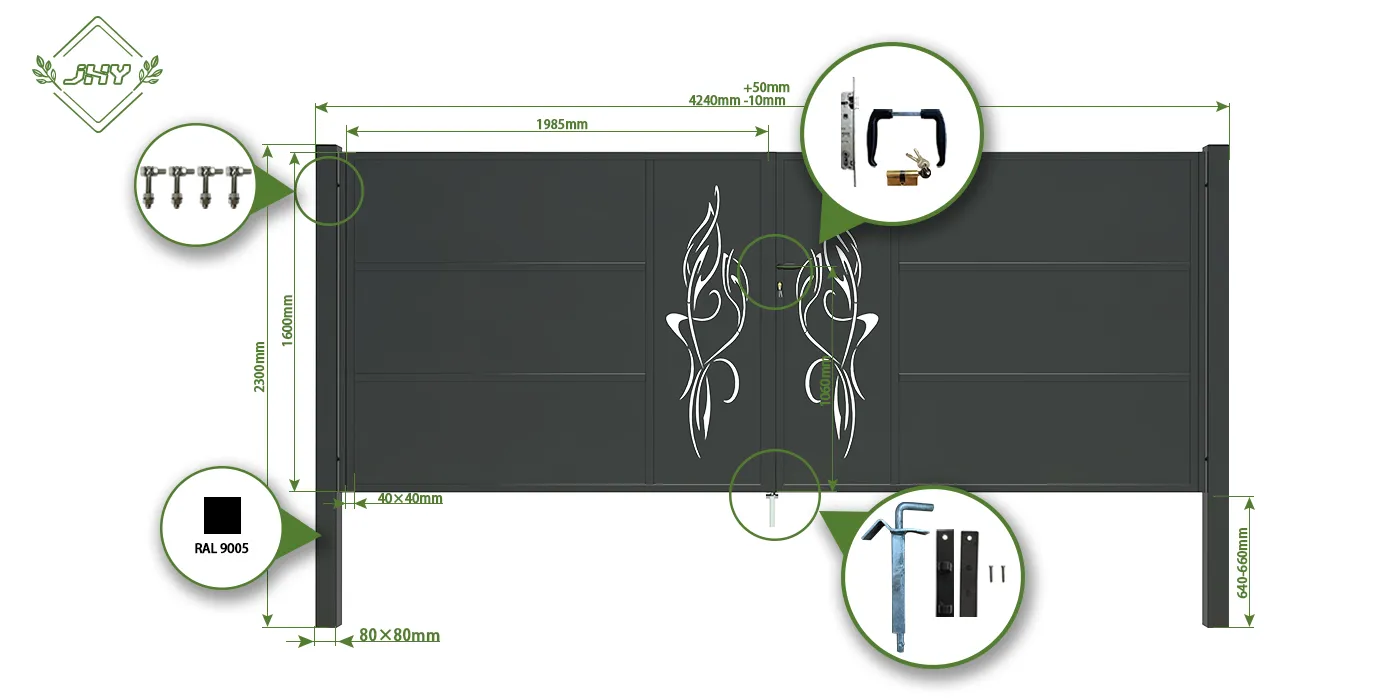 CNC OUTDOOR IRON GATE TRANQUILITY WIDTH 400CM & HEIGHT 160CM BLACK SQUARE POST & FRAME