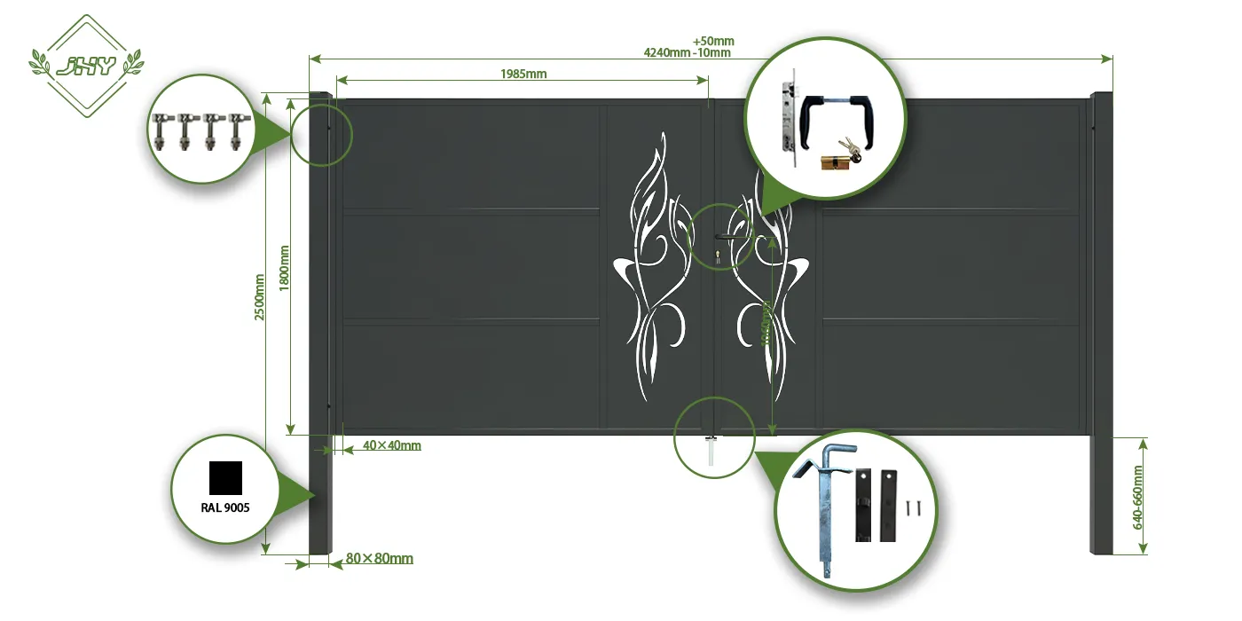 CNC OUTDOOR IRON GATE TRANQUILITY WIDTH 400CM & HEIGHT 180CM BLACK SQUARE POST & FRAME