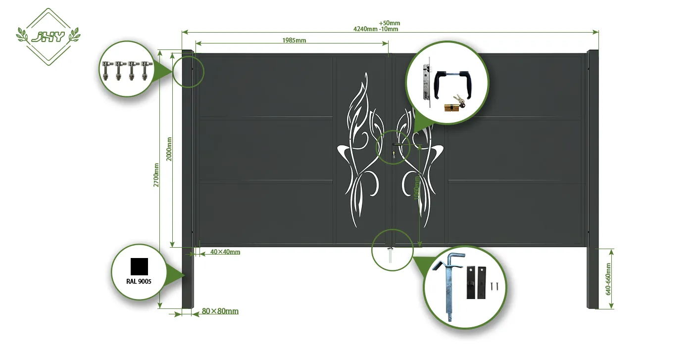 CNC OUTDOOR IRON GATE TRANQUILITY WIDTH 400CM & HEIGHT 200CM BLACK SQUARE POST & FRAME