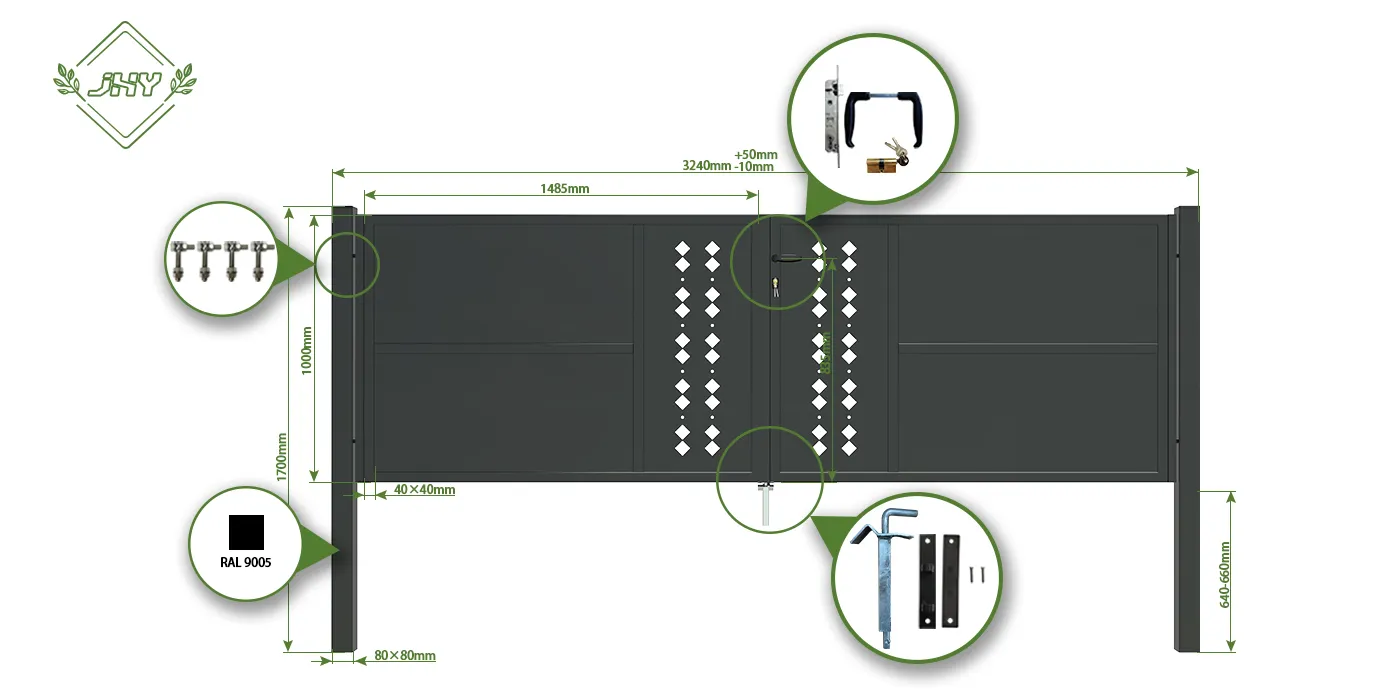 CNC STEEL GATE ESSENCE WIDTH 300CM & HEIGHT 100CM BLACK SQUARE POST & FRAME