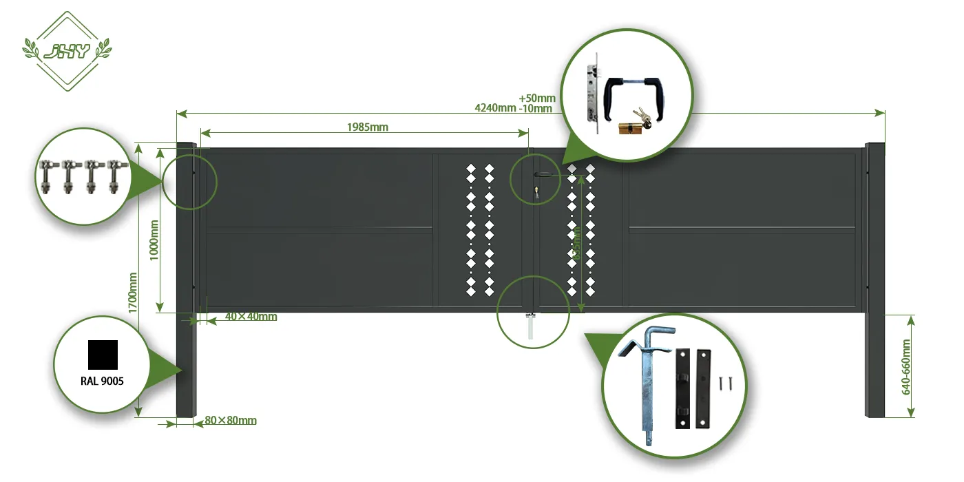 CNC STEEL GATE ESSENCE WIDTH 400CM & HEIGHT 100CM BLACK SQUARE POST & FRAME
