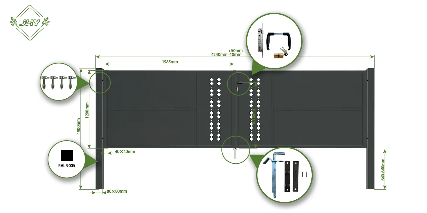 CNC STEEL GATE ESSENCE WIDTH 400CM & HEIGHT 120CM BLACK SQUARE POST & FRAME