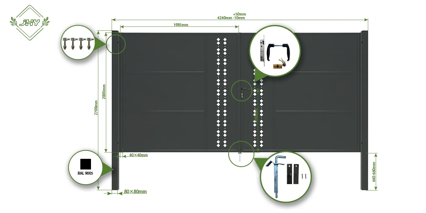 CNC STEEL GATE ESSENCE WIDTH 400CM & HEIGHT 200CM BLACK SQUARE POST & FRAME