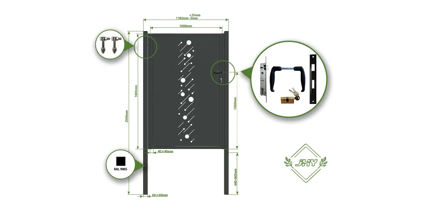CNC STEEL GATE STARRY WIDTH 100CM & HEIGHT 160CM GREEN & GREY SQUARE POST & FRAME