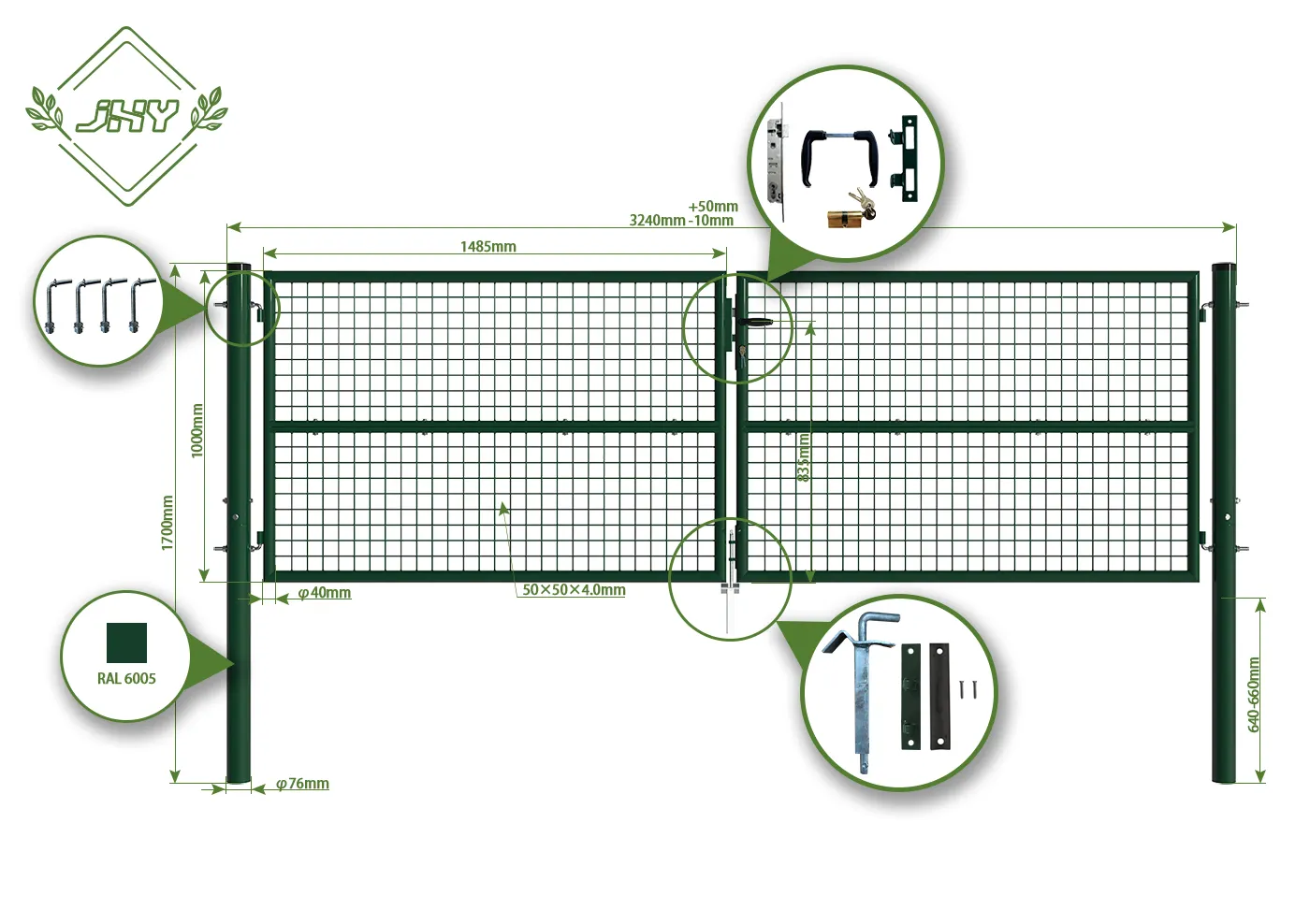COMPOSITE FENCING GATE WIDTH 300CM & HEIGHT 100CM GREEN & GREY SQUARE POST & FRAME