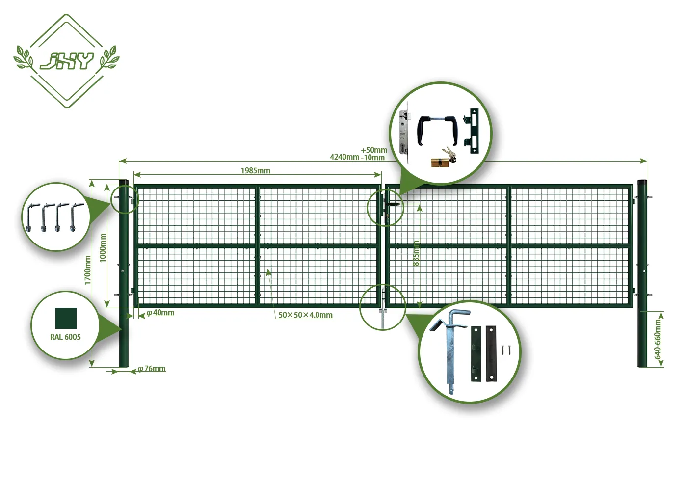 COMPOSITE FENCING GATE WIDTH 400CM & HEIGHT 100CM GREEN & GREY SQUARE POST & FRAME