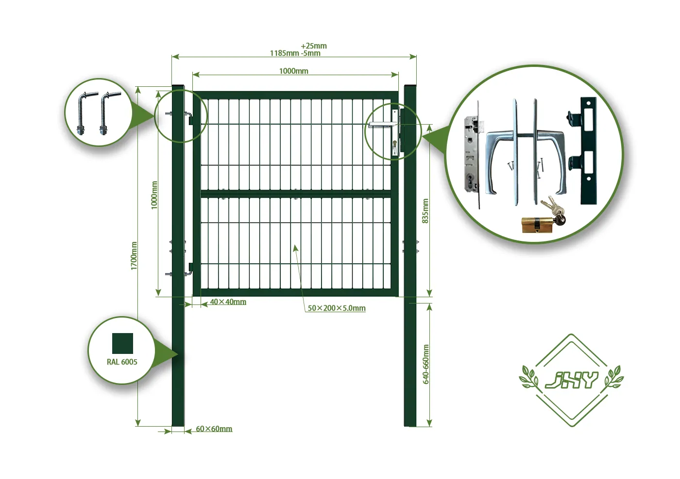 COMPOSITE WIRE MESH GARDEN GATE WIDTH 100CM & HEIGHT 100CM GREEN & GREY SQUARE POST & FRAME