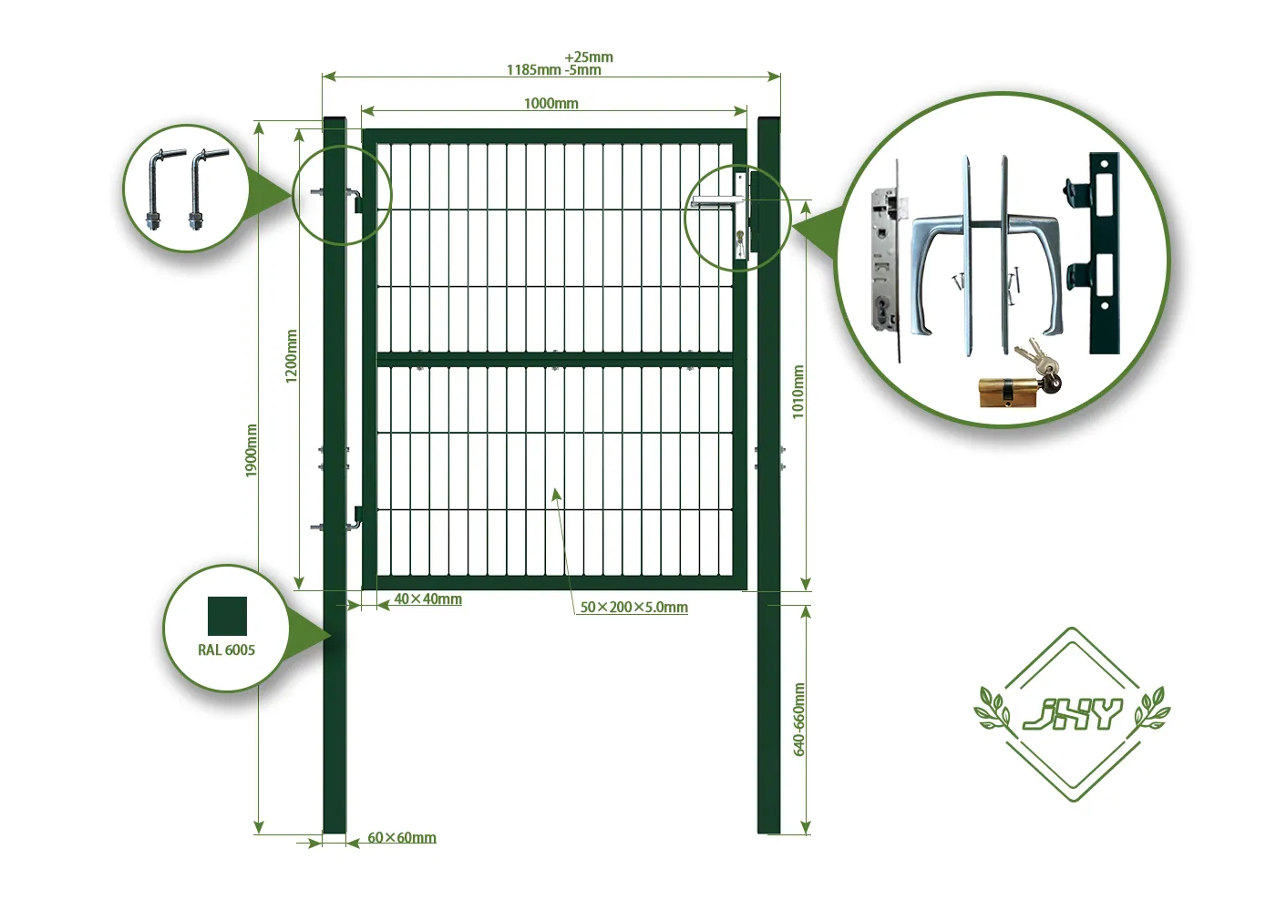COMPOSITE WIRE MESH GARDEN GATE WIDTH 100CM & HEIGHT 120CM GREEN & GREY SQUARE POST & FRAME