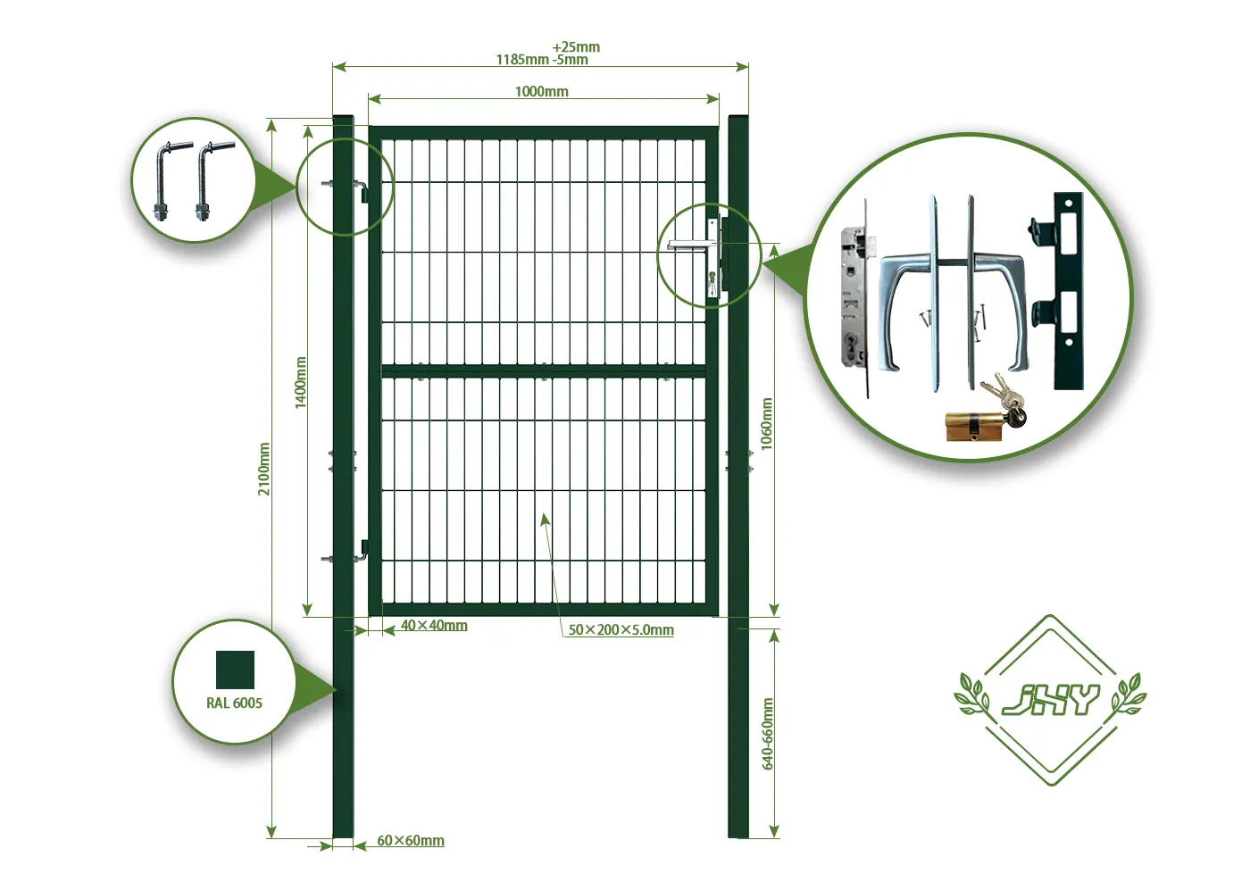 COMPOSITE WIRE MESH GARDEN GATE WIDTH 100CM & HEIGHT 140CM GREEN & GREY SQUARE POST & FRAME