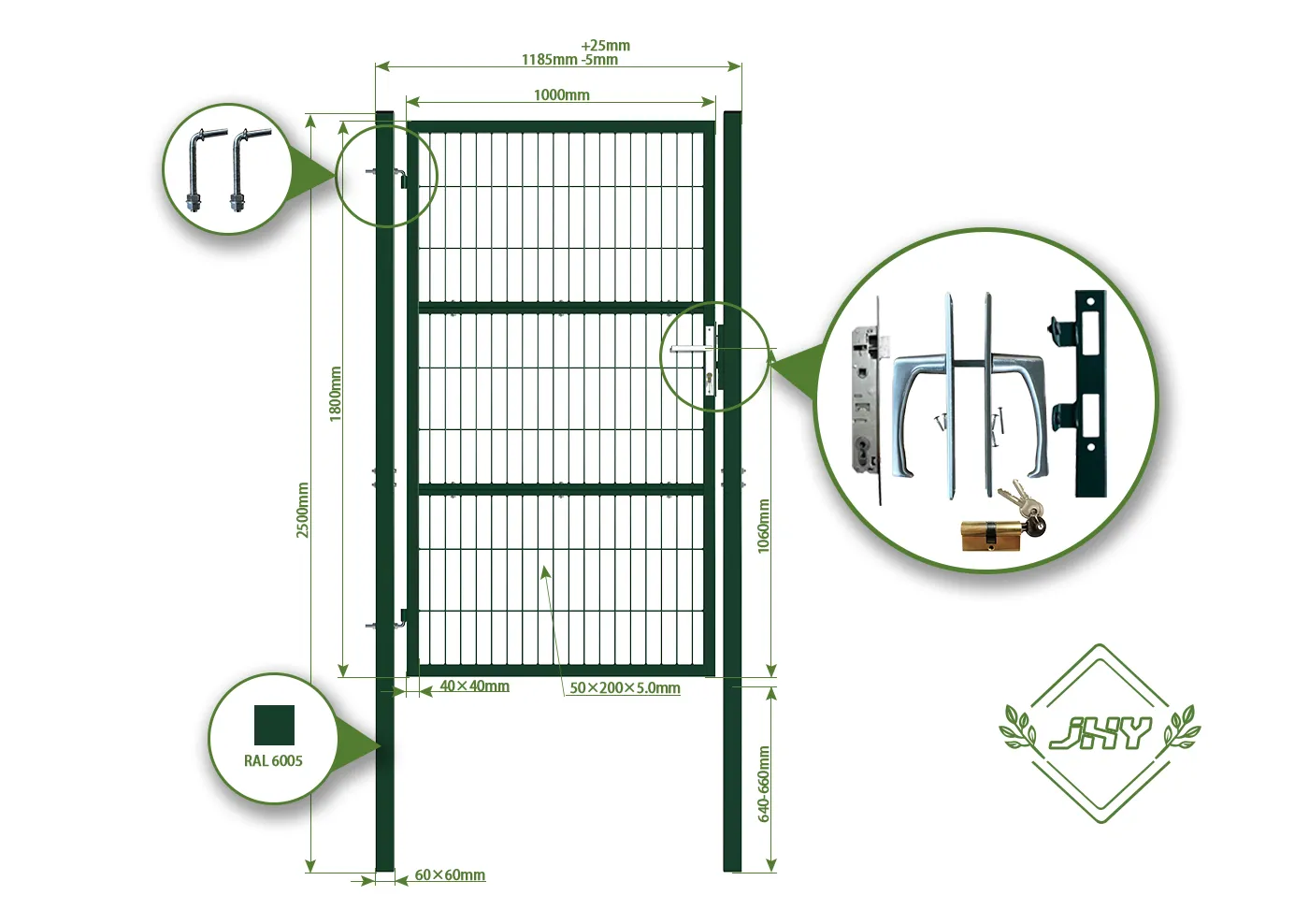 COMPOSITE WIRE MESH GARDEN GATE WIDTH 100CM & HEIGHT 180CM GREEN & GREY SQUARE POST & FRAME