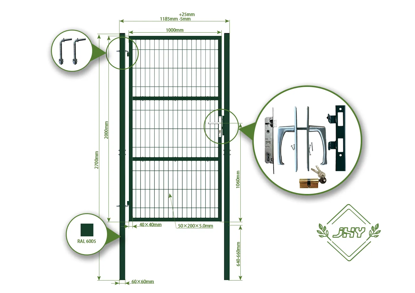 COMPOSITE WIRE MESH GARDEN GATE WIDTH 100CM & HEIGHT 200CM GREEN & GREY SQUARE POST & FRAME