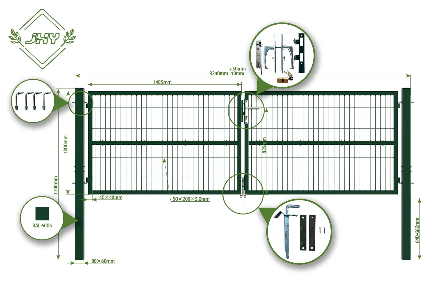 COMPOSITE WIRE MESH GARDEN GATE WIDTH 300CM & HEIGHT 100CM GREEN & GREY SQUARE POST & FRAME