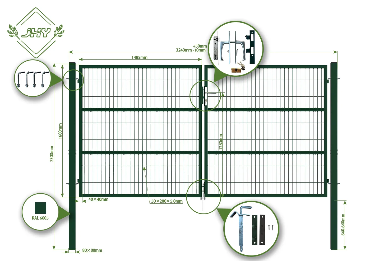 COMPOSITE WIRE MESH GARDEN GATE WIDTH 300CM & HEIGHT 160CM GREEN & GREY SQUARE POST & FRAME