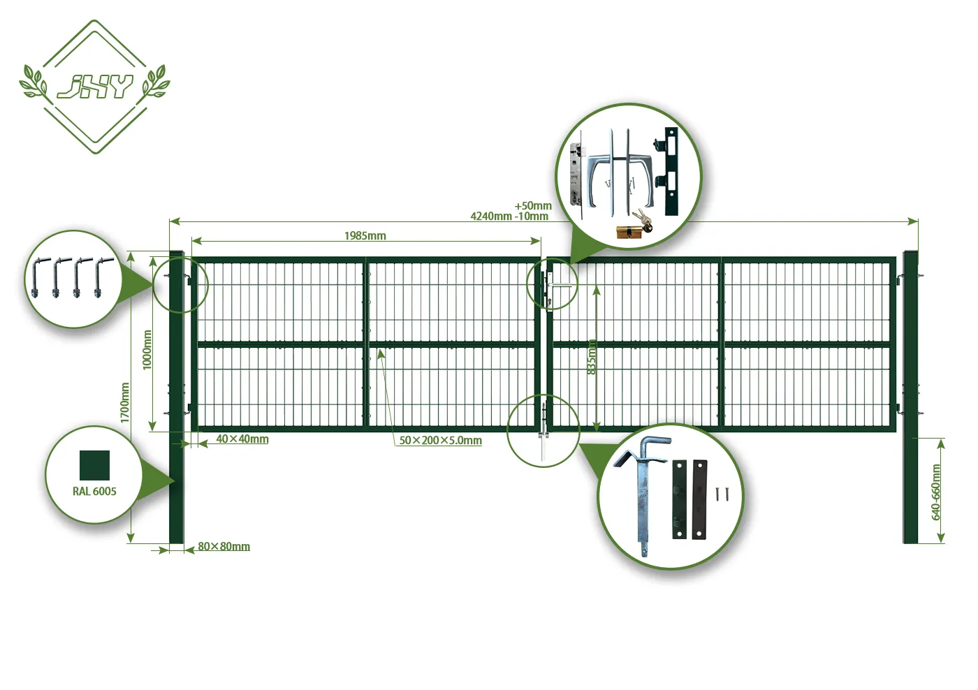 COMPOSITE WIRE MESH GARDEN GATE WIDTH 400CM & HEIGHT 100CM GREEN & GREY SQUARE POST & FRAME