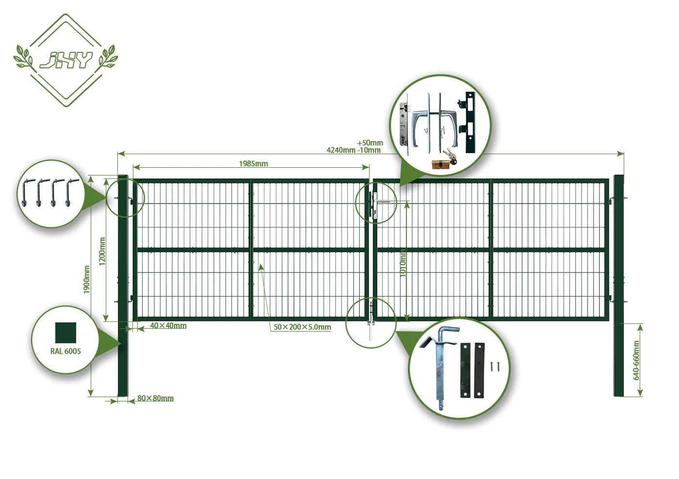 COMPOSITE WIRE MESH GARDEN GATE WIDTH 400CM & HEIGHT 120CM GREEN & GREY SQUARE POST & FRAME