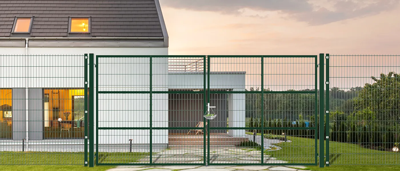 COMPOSITE WIRE MESH GARDEN GATE WIDTH 400CM & HEIGHT 200CM GREEN & GREY SQUARE POST & FRAME