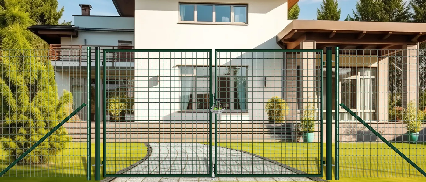 MESH FENCE GARDEN GATES WIDTH 300CM & HEIGHT 175CM GREEN & GREY SQUARE POST & FRAME