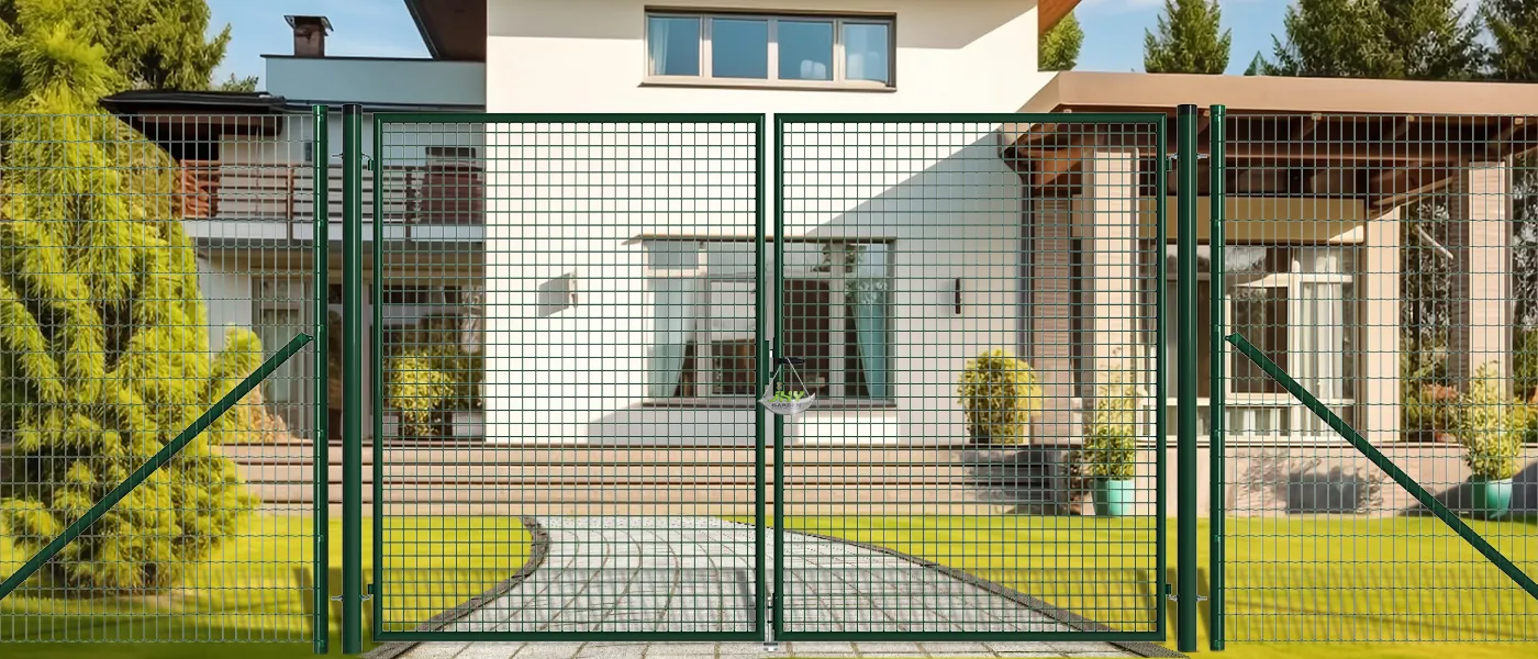 MESH FENCE GARDEN GATES WIDTH 300CM & HEIGHT 200CM GREEN & GREY SQUARE POST & FRAME