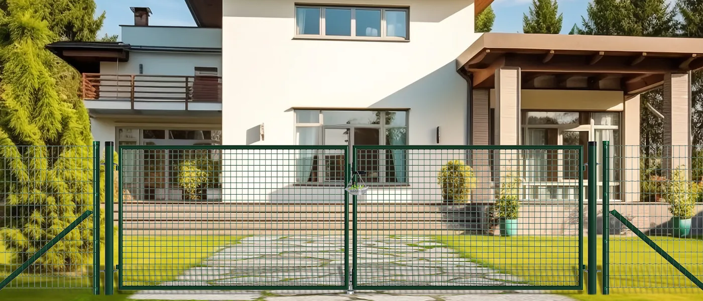 MESH FENCE GARDEN GATES WIDTH 400CM & HEIGHT 125CM GREEN & GREY SQUARE POST & FRAME
