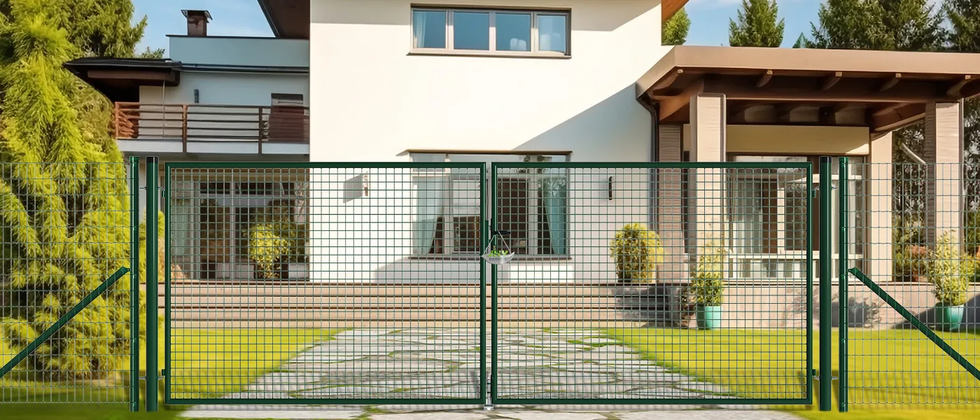 MESH FENCE GARDEN GATES WIDTH 400CM & HEIGHT 150CM GREEN & GREY SQUARE POST & FRAME