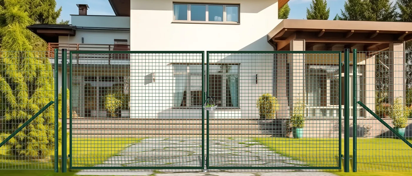 MESH FENCE GARDEN GATES WIDTH 400CM & HEIGHT 175CM GREEN & GREY SQUARE POST & FRAME