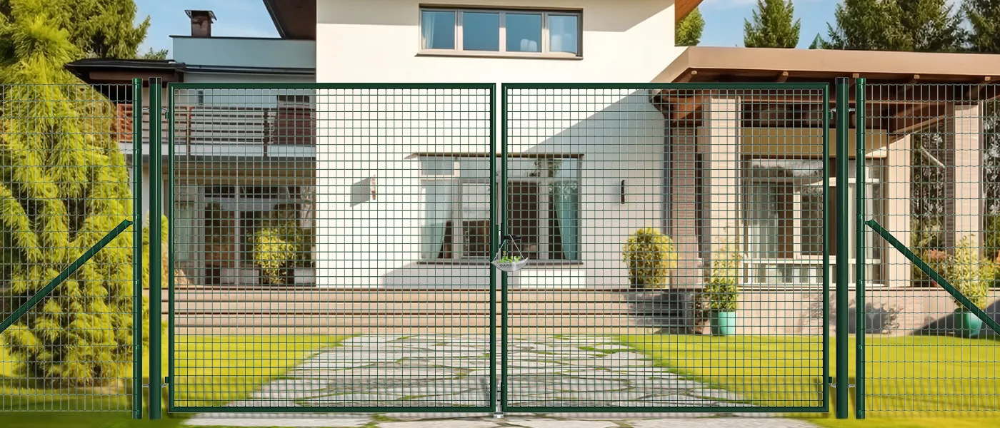 MESH FENCE GARDEN GATES WIDTH 400CM & HEIGHT 200CM GREEN & GREY SQUARE POST & FRAME