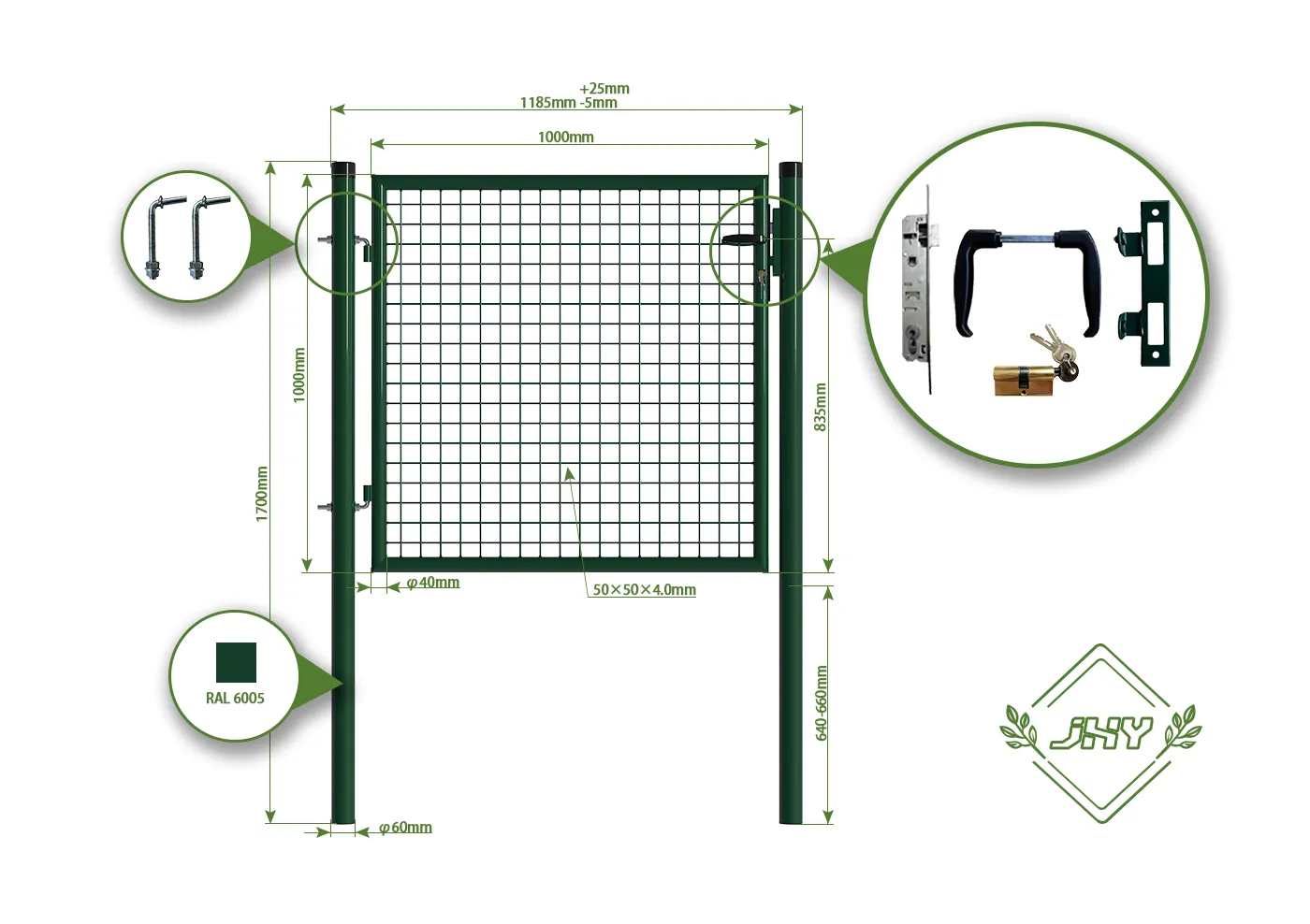 MESH FENCE GARDEN GATES WIDTH 100CM & HEIGHT 100CM GREEN & GREY SQUARE POST & FRAME