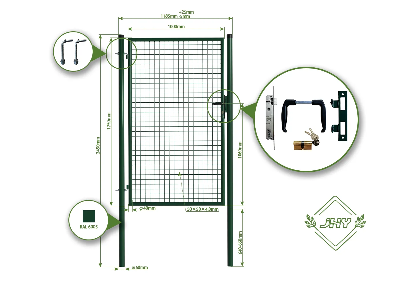MESH FENCE GARDEN GATES WIDTH 100CM & HEIGHT 175CM GREEN & GREY SQUARE POST & FRAME