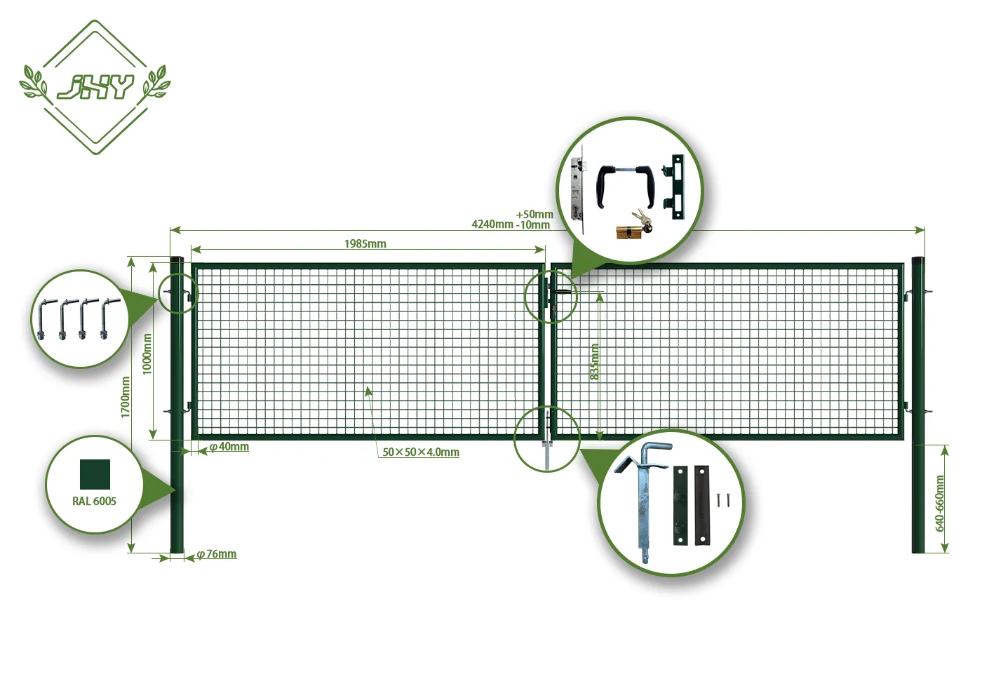 MESH FENCE GARDEN GATES WIDTH 400CM & HEIGHT 100CM GREEN & GREY SQUARE POST & FRAME