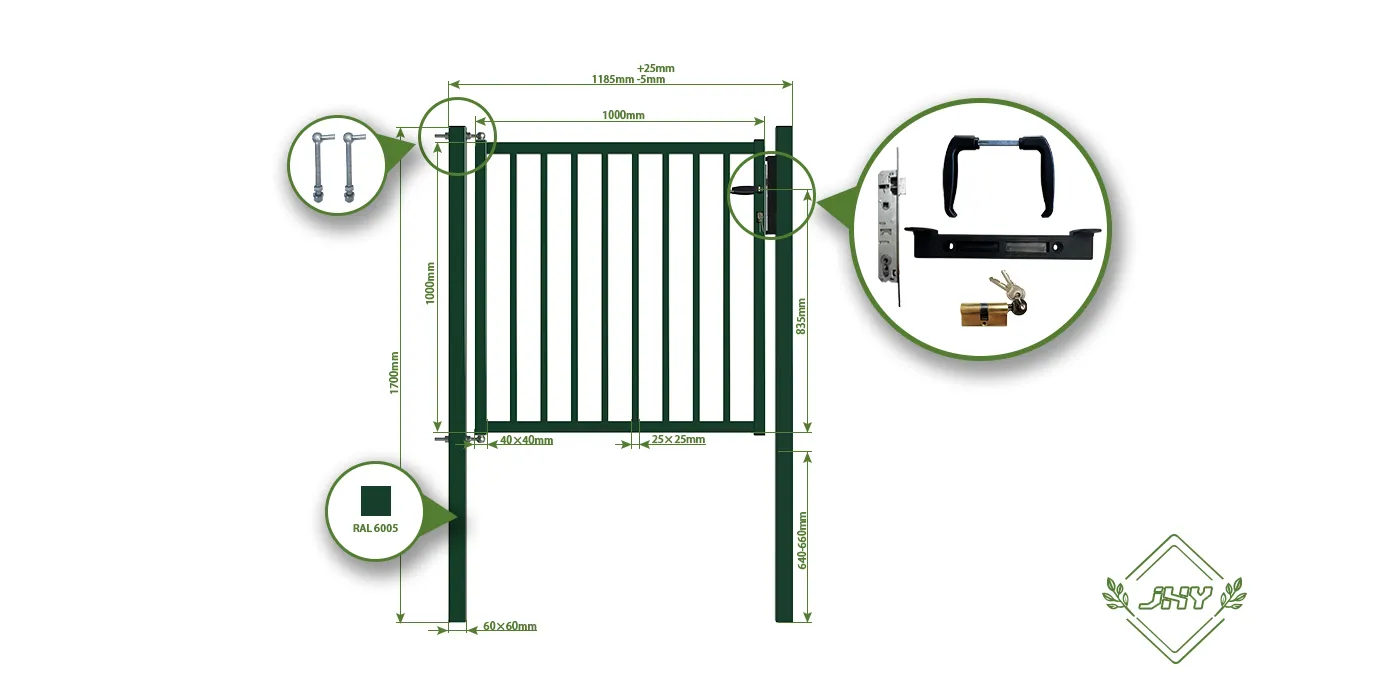TUBULAR GARDEN GATE WIDTH 100CM & HEIGHT 100CM GREEN & GREY SQUARE POST & FRAME
