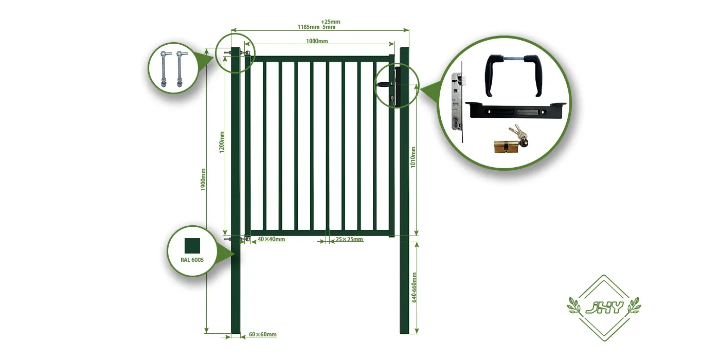 TUBULAR GARDEN GATE WIDTH 100CM & HEIGHT 120CM GREEN & GREY SQUARE POST & FRAME