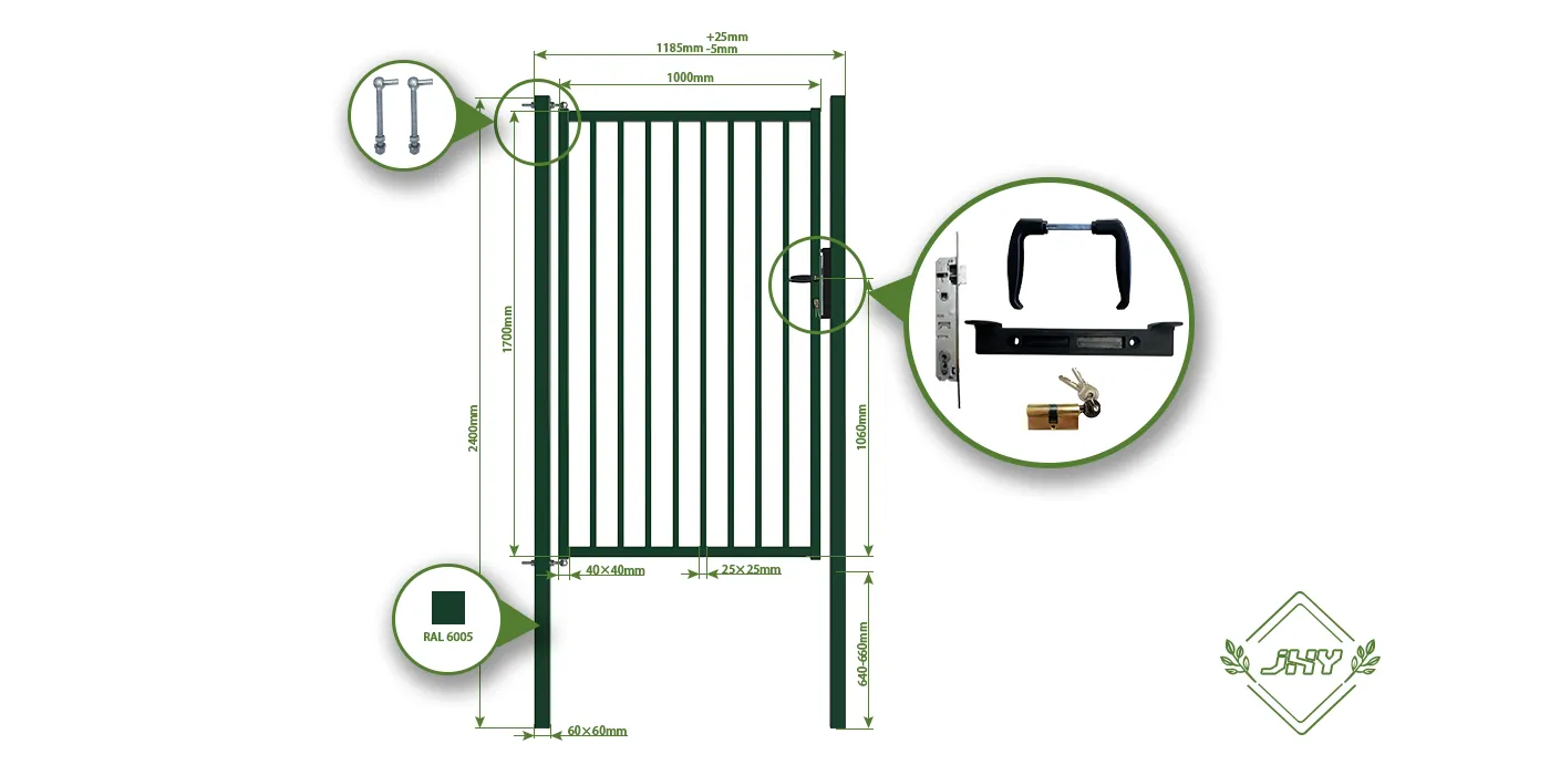 TUBULAR GARDEN GATE WIDTH 100CM & HEIGHT 170CM GREEN & GREY SQUARE POST & FRAME