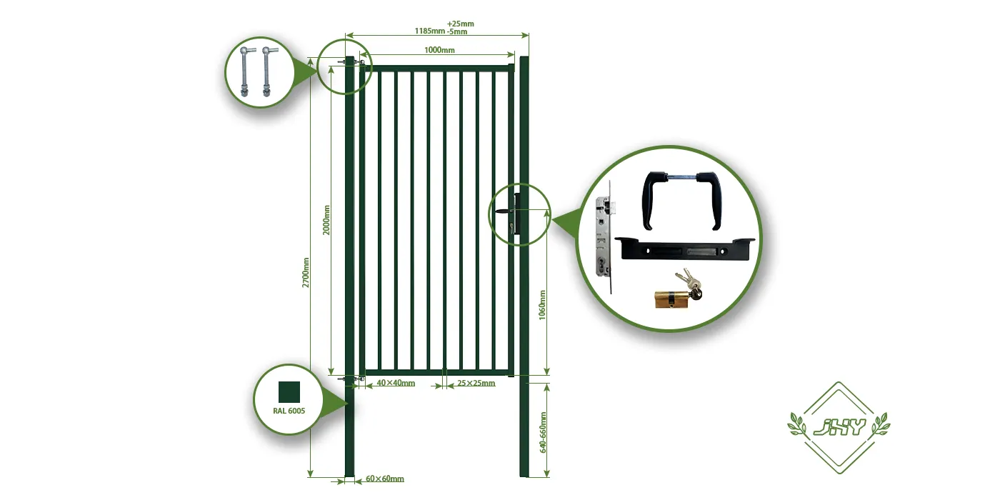 TUBULAR GARDEN GATE WIDTH 100CM & HEIGHT 200CM GREEN & GREY SQUARE POST & FRAME