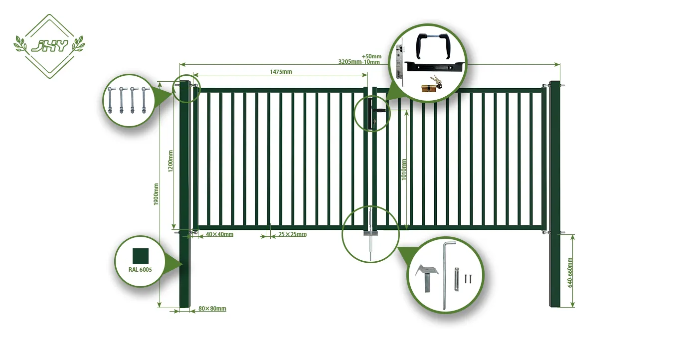 TUBULAR GARDEN GATE WIDTH 300CM & HEIGHT 120CM GREEN & GREY SQUARE POST & FRAME