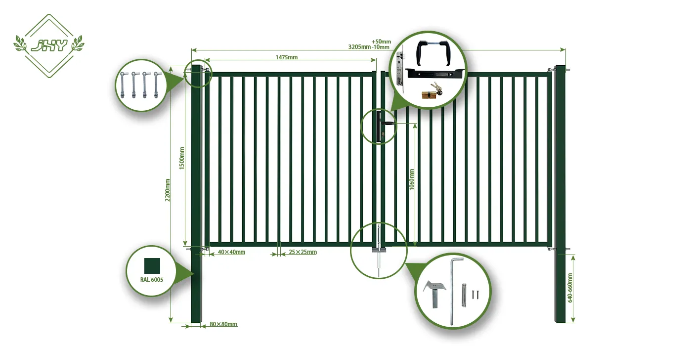TUBULAR GARDEN GATE WIDTH 300CM & HEIGHT 150CM GREEN & GREY SQUARE POST & FRAME