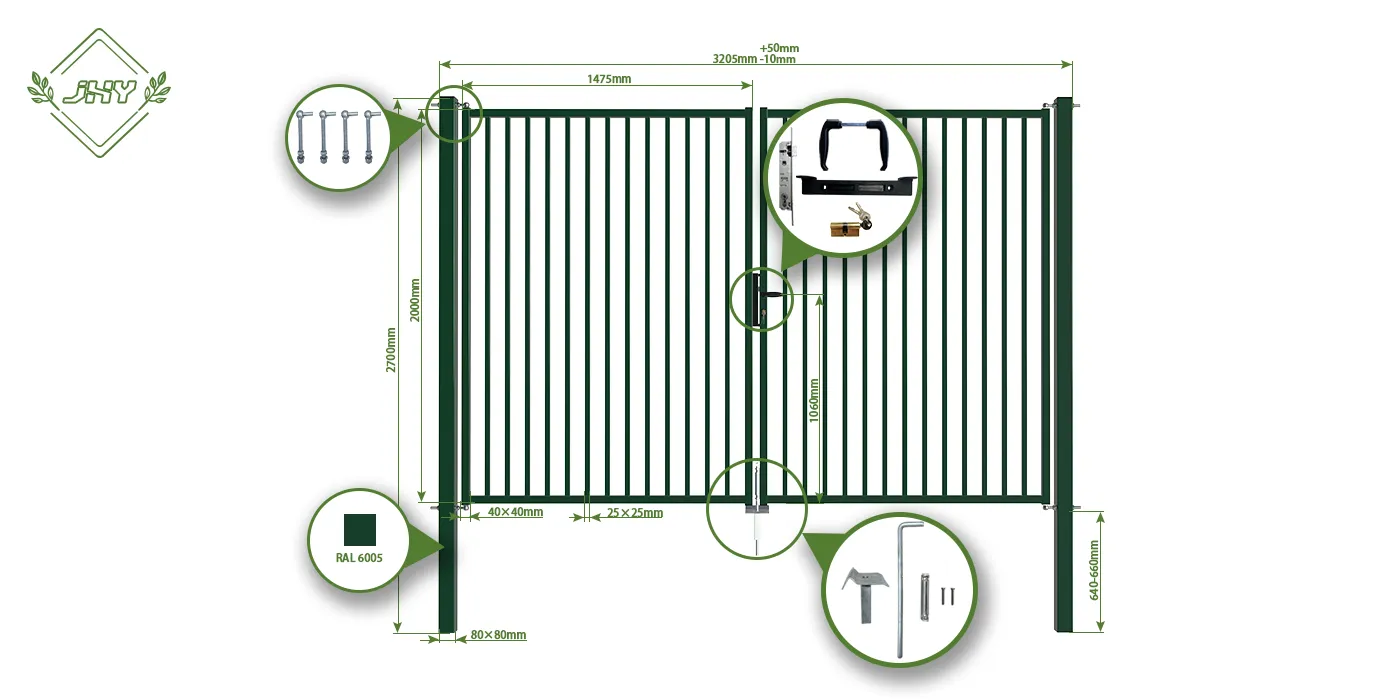 TUBULAR GARDEN GATE WIDTH 300CM & HEIGHT 200CM GREEN & GREY SQUARE POST & FRAME