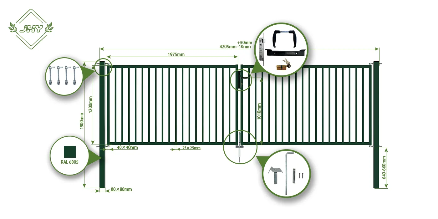 TUBULAR GARDEN GATE WIDTH 400CM & HEIGHT 120CM GREEN & GREY SQUARE POST & FRAME