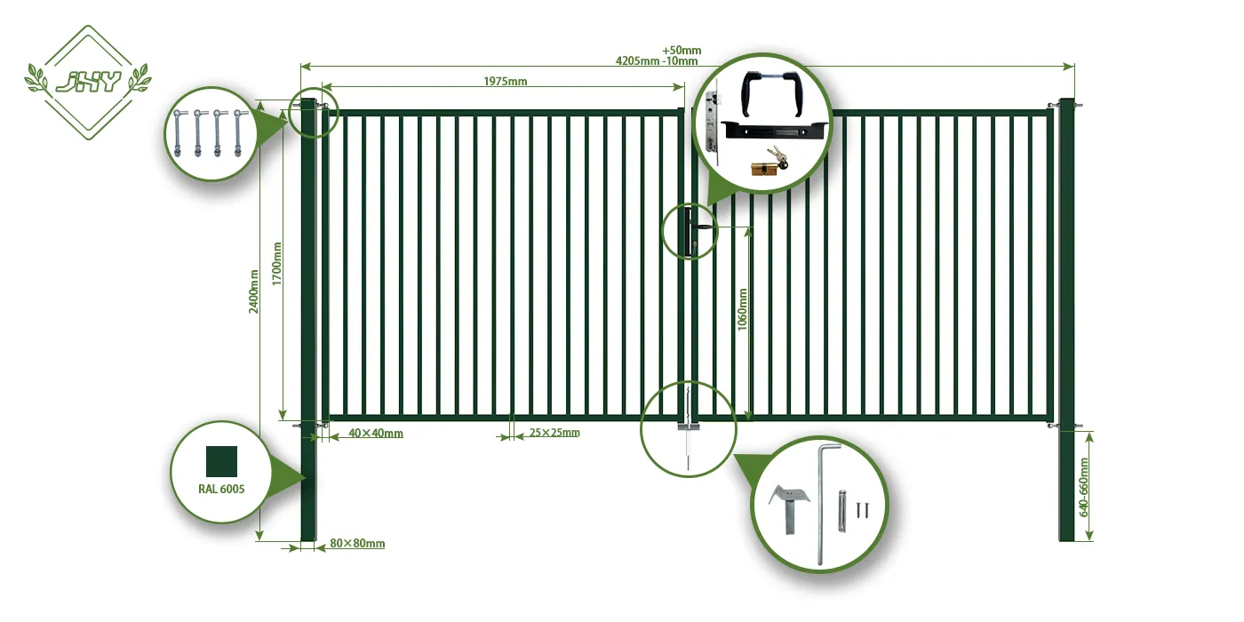 TUBULAR GARDEN GATE WIDTH 400CM & HEIGHT 170CM GREEN & GREY SQUARE POST & FRAME