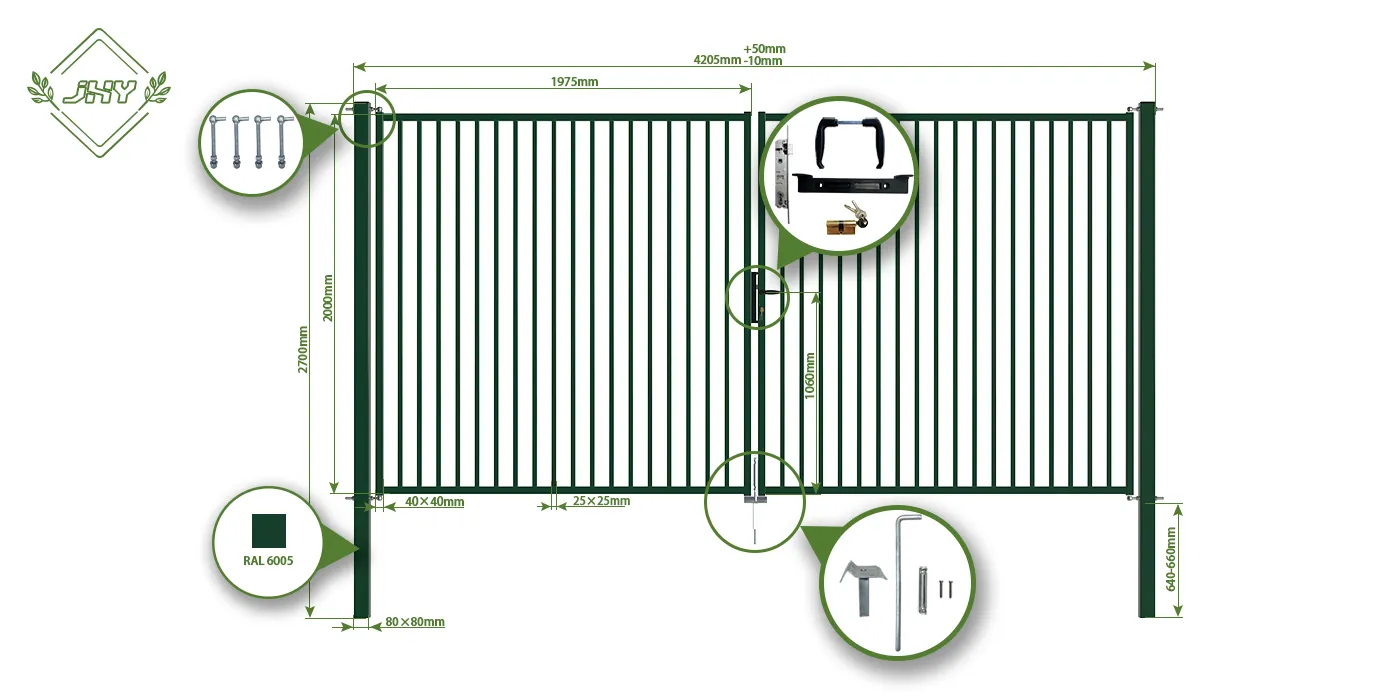 TUBULAR GARDEN GATE WIDTH 400CM & HEIGHT 200CM GREEN & GREY SQUARE POST & FRAME