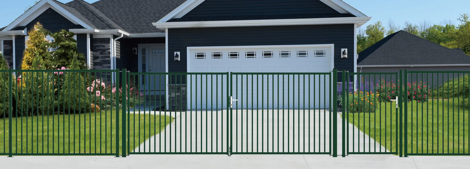 TUBULAR GARDEN GATE WIDTH 300CM & HEIGHT 150CM GREEN & GREY SQUARE POST & FRAME