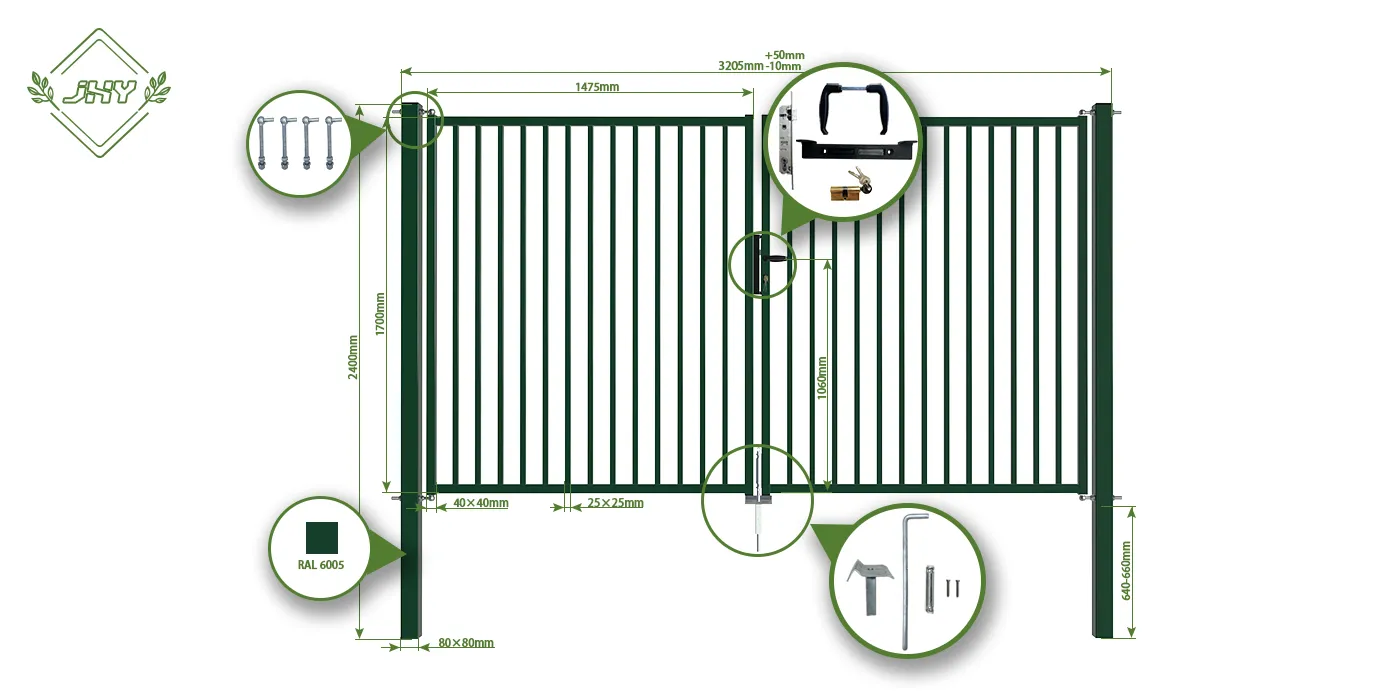 TUBULAR GARDEN GATE WIDTH 300CM & HEIGHT 170CM GREEN & GREY SQUARE POST & FRAME