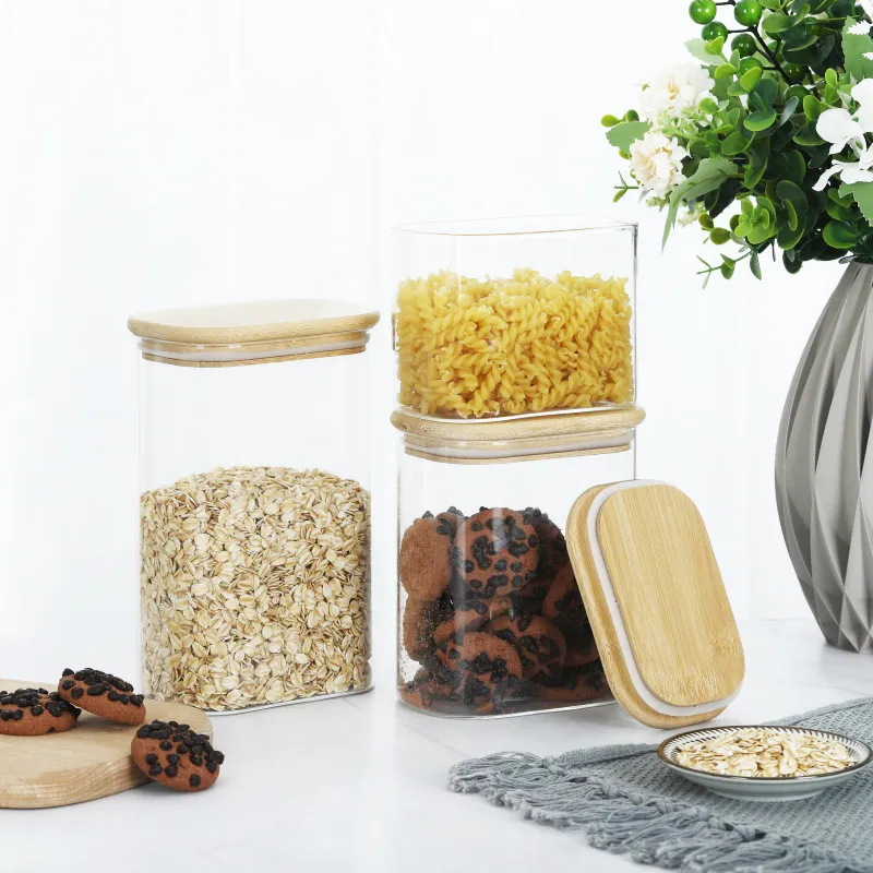 Rectangle Airtight Glass Jar, Natural Bamboo Lid Food Storage Container, Cabinet Organization, Food grade BPA FREE