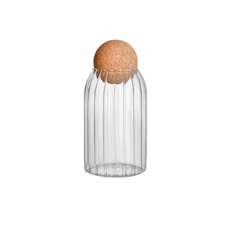 Round Ribbed Glass jars with Lids, Cork Ball Lid, Airtight, food organization