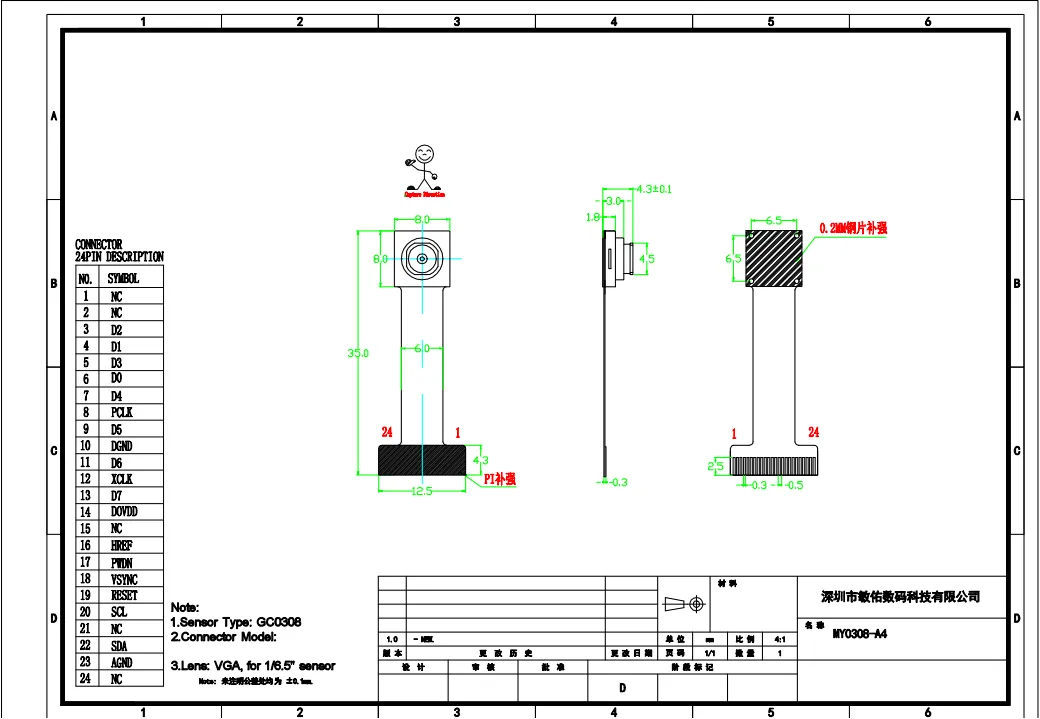 MY0308-A4 0.3MP Gc308 Sensor Camera Module With FPC 24pin Gold Finger , It Can Be Used In Macro Code Scanning , Door Lock Recognition, Aerial Photography