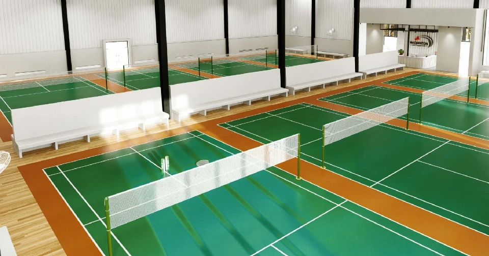 8 Badminton courts in a Sport Club in Cambodia<br>
Gem 8.0mm embossed the layer with black polyester mesh cloth and glass fiber non-woven fabric, to guarantee more better stability, longer service life.