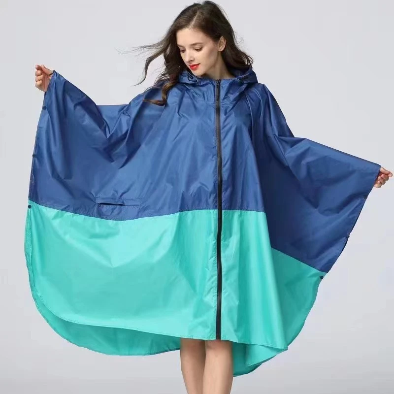 Polyester long raincoat with waterproof zipper windproof outdoor rain coat for adult button cuff