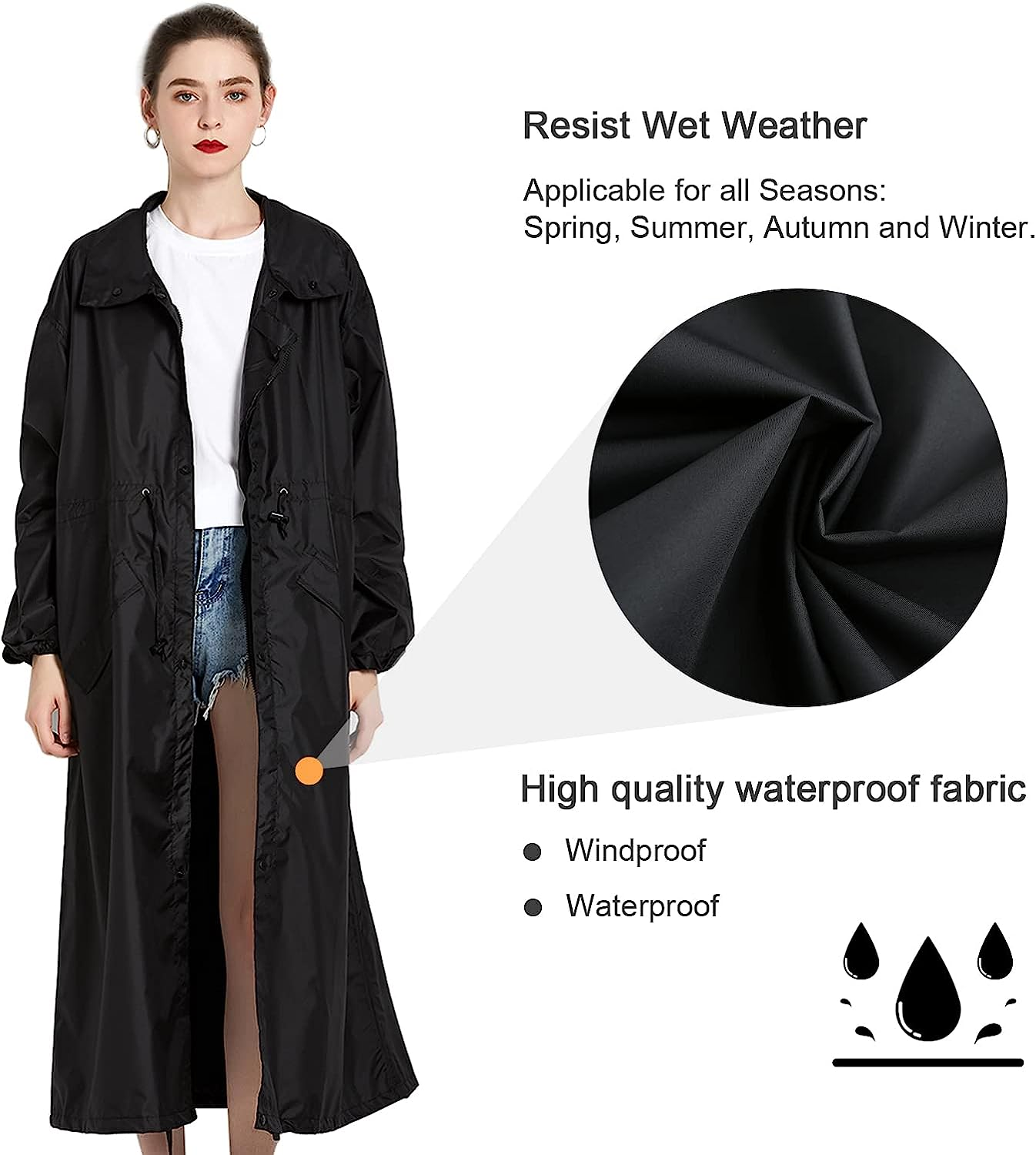 Women's Fashionable Long Waterproof Raincoat - Polyester Adult Style