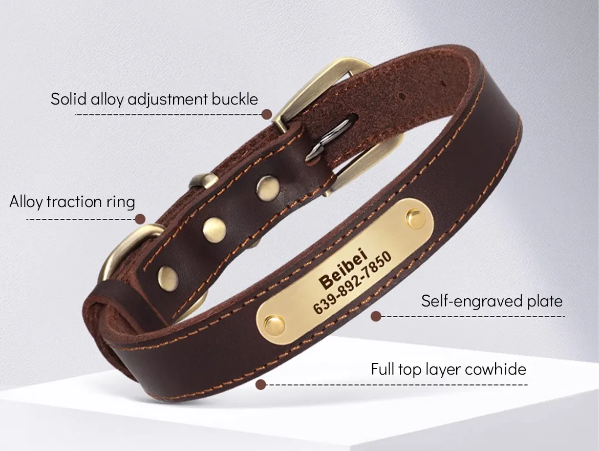 Personalized Soft Leather Pet Collars with Engraved Nameplate