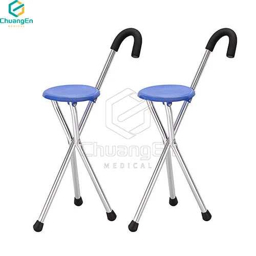 Folding Cane Seat Combo Portable Cane Stool Handy Folding Crutch Chair Seat Height Adjustable Aluminum Walking Stick for Elderly